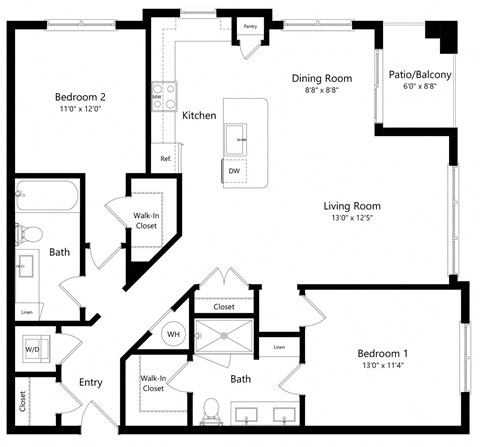 Floor plan for 2 beds, 2 baths, 1174 sqft